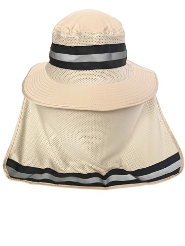 Men's Wide Brim Boonie Bucket Sun Hat with Neck Flap, High Visibility Reflective Stripes, UV Protection - color: Light Khaki