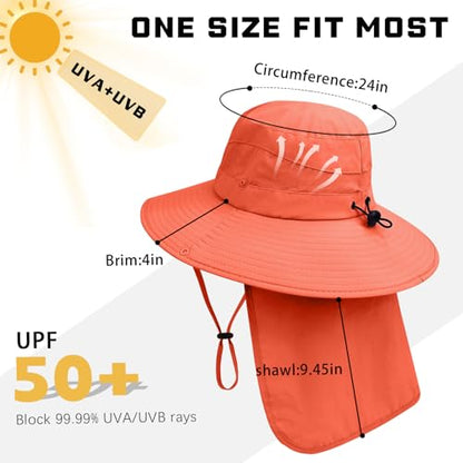 Sun Hats for Men Women, UPF50+ Protection Safari Hat,Wide Brim Fishing Hat with Neck Flap,Bucket Hats for Beach Hiking - color: Orange