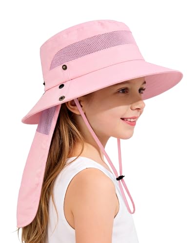 Century Star Kids Sun Hat with Detachable Neck Flap,UPF 50+ Windproof Waterproof Beach Bucket Hat Outdoor Fishing Safari - color: Light Pink