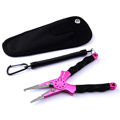 Professional Saltwater/Fresh Water Aluminum Fishing Pliers Tungsten Carbide Cutters Hook Remover with Sheath and Lanyard - color: Pink.t