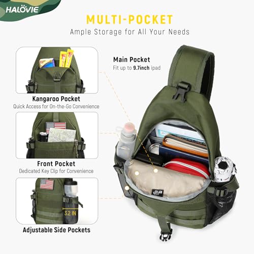 HALOVIE Anti-theft Sling Backpack RFID Crossbody Travel Daypack | Lightweight, Molle, Phone Pack, Hiking Trip Daily Use One Shoulder Bag, EDC Tactical Chest Side Pack Gift for Men - color: Army Green