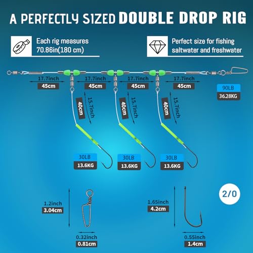 Narcissus 5PCS Sea Fishing Rigs, Pre-Tied Flapper with Size 1/0 & 2/0 Hooks, Anti-Tangle Snap, 1-3 Hooks, Gaps (45cm, 52cm, 80cm), Ready for Beach Fishing - color: 5pcs- 3 hooks- size 2/0- 45cm gap