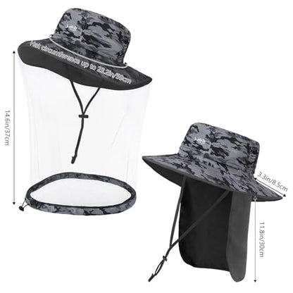 BASSDASH UPF 50+ Mosquito Sun Hat with Hidden Head Net and Neck Flap for Men Women Outdoor Fishing Hiking Camping - color: Storm Camo