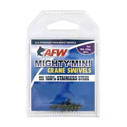 AFW American Fishing Wire Fishing Swivels - Mighty Mini 100% Stainless Steel Crane Swivels, 3X Stronger Than Brass, for Terminal Tackle Box, Up to 600lb Test - Fishing Gear for Fishing Line Leaders - size: 10 Pieces, 78 Pound Test