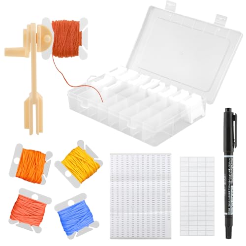 Embroidery Floss Organizer – Cross Stitch Thread Storage Box with 24 Removable Compartments, 40 Hard Plastic Floss Bobbins & Stickers
