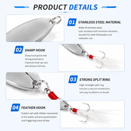 5Pcs Fishing Lures Fishing Spoons,Metal Fishing Spoons Lure with Feather Treble Hooks, Casting Spinner Baits for Trout Bass Salmon Freshwater Saltwater Fishing - color: 5PCS(Silver )