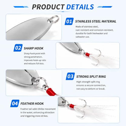 5Pcs Fishing Lures Fishing Spoons,Metal Fishing Spoons Lure with Feather Treble Hooks, Casting Spinner Baits for Trout Bass Salmon Freshwater Saltwater Fishing - color: 5PCS(Silver )