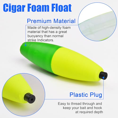 SILANON Peg Floats Fishing Bobbers,Foam Cigar Fishing Floats Bobbers Catfish Floats Slip Fishing Cork Bobbers with Pipe Plug for Catfish Santee Rig Freshwater Saltwater Fishing - size: 2.5 inch, style: Yellow-Green-30pcs