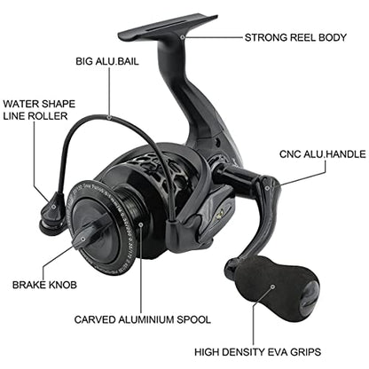 Fishdrops Spinning Fishing Reels 12+1BB Ultra Lightweight Carved Aluminum Spool Reels Affordable Smooth Spinning Reels - size: Size3000