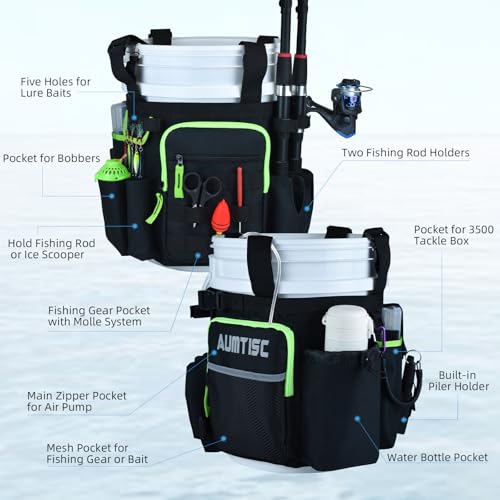 AUMTISC 5 Gallon Bucket Fishing Organizer, Waterproof Ice Fishing Bucket Tool Bag with Rod and Tackle Boxes Holder, Multi-Pocket Tool Caddy Bags for Fishing Gear and Equipment