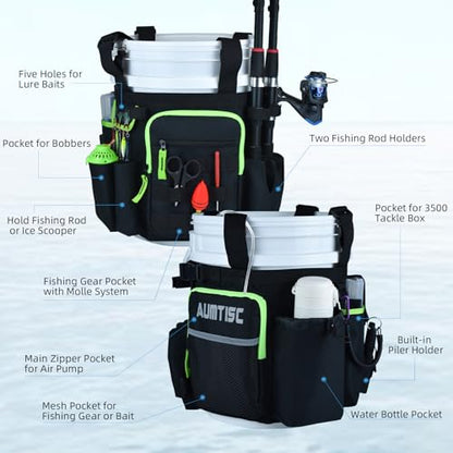 AUMTISC 5 Gallon Bucket Fishing Organizer, Waterproof Ice Fishing Bucket Tool Bag with Rod and Tackle Boxes Holder, Multi-Pocket Tool Caddy Bags for Fishing Gear and Equipment