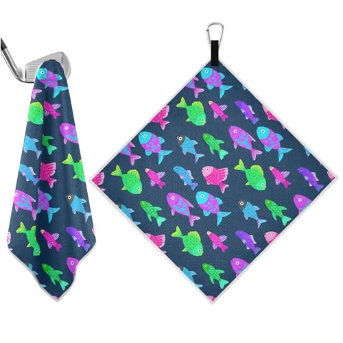 Fish 2 Pack Waffle Pattern Golf Towels, 17.7"x17.7" Square Golf Towel with Carabiner Clip and Magnetic Snap for Cleaning Golf Ball, Club