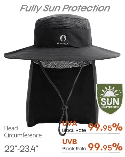 FURTALK Sun Hats for Men Women Fishing Hat with Neck Flap UPF 80+ Breathable Wide Brim Hiking Safari Summer Bucket Hats - color: Black