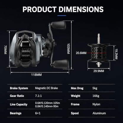 DC Baitcasting Reel, Digital Control Anti-Backlash, 7. 1:1 Gear Ratio, 6+1 Bearings, Ultralight for Bass Freshwater - color: Left Handed