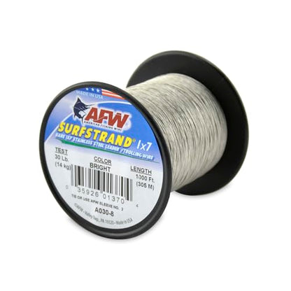 American Fishing Wire Surfstrand Bare 1x7 Stainless Steel Leader Wire - Fishing Leader Line for Saltwater, 20lb Test - 325lb Test in Bright, Camo in 30ft, 300ft, 600ft and 1,000ft Lengths - color: Bright, size: 30 lb / 1000 ft