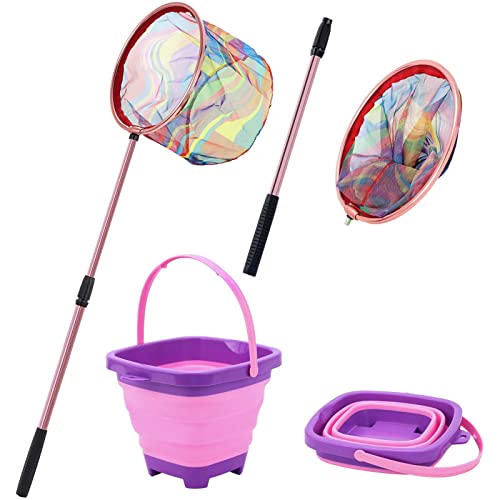 Kids Fishing Net - Telescopic Landing Net with Aluminum Pole Handle, Collapsible Bucket Sand Pail, Butterfly Net for Outdoor Play - color: Pink