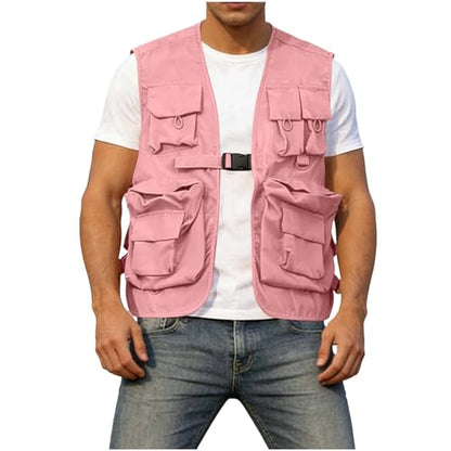 Fishing Vest - Fishing Vests for Men Lightweight Zip Up Sleeveless Utility Jackets Softshell Outwear Vests with Pockets - color: 01# Pink, size: X-Large