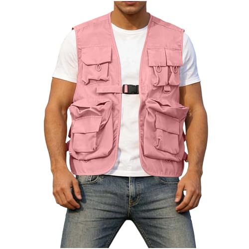 Fishing Vest - Fishing Vests for Men Lightweight Zip Up Sleeveless Utility Jackets Softshell Outwear Vests with Pockets - color: 01# Pink, size: XX-Large
