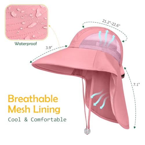 Kids Sun Hat UPF50+ Summer Beach Play Sun Protection Hats with Neck Flap for Ages 5~14 Girls Boys - color: Blue＆pink