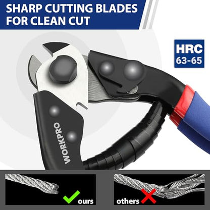 WORKPRO Cable Cutter, 7-1/2 Inch Heavy Duty Wire Rope Cutter | CR-V Steel Wire Cable with Safety Lock, Non-Slip Handle For Hard Wire Ropes, Steel Wires And Aircraft Cables
