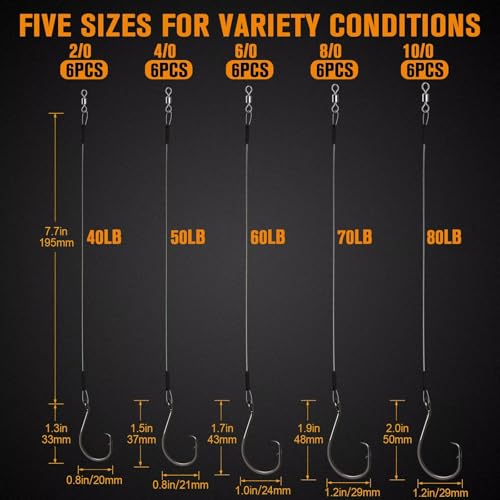 Dovesun 30PCS/20PCS Circle Hooks Fishing Pre-Rigged Catfish Rig for Saltwater Freshwater Catfish Hooks with Wire Leader 2/0 4/0 6/0 8/0 10/0 - color: F-10/0 Circle Hooks Kit-20PCS