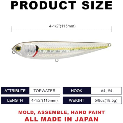 LUCKY CRAFT Sammy 115 Topwater Fishing Lures, 4.5" Midsized Surface Bait, Trout and Bass Lures, Walk-The-Dog Tournament Bait, Bass Fishing Gear - color: 723 Zebra MS Chartreuse Shad