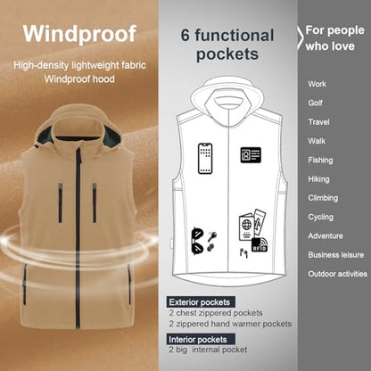 CREATMO US Men's Casual Lightweight Warm Thin Outerwear Vest Windbreaker Sleeveless Jacket With Removable Hood - color: Khaki, size: Small