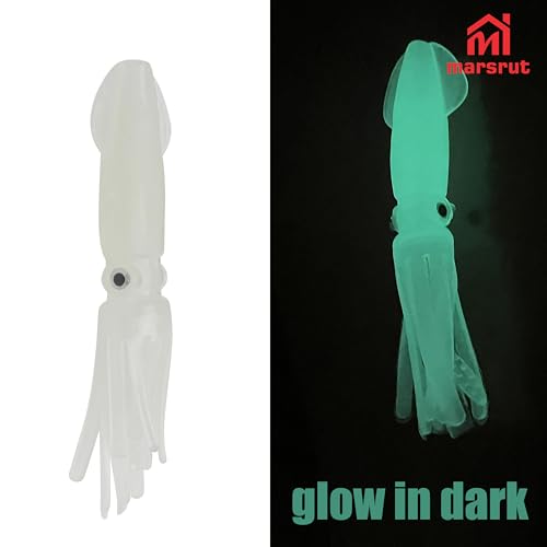 20pcs Luminous Octopus Trolling, Squid Lures Fishing Saltwater, Glow in Dark, Soft Colorful Bait Squid Skirts Fishing Lures Set for Saltwater Freshwater, 3.74 Inch x 1.10 Inch, Green When Glowing