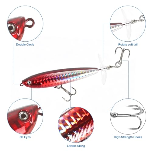 Whopper Fishing Lure for Bass：Popper Top Water Fishing Lures with Floating Rotating Tail Barb Treble Hooks Saltwater Freshwater Plopping Lures Kit - color: Brown Red