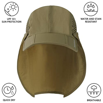 BASSDASH UPF 50+ Foldable Fishing Hat Baseball Cap with Removable Neck Flap Portable for Men Women Golf Hiking - color: Khaki With Foldable Brim