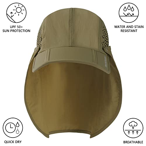 BASSDASH UPF 50+ Foldable Fishing Hat Baseball Cap with Removable Neck Flap Portable for Men Women Golf Hiking - color: Khaki With Foldable Brim
