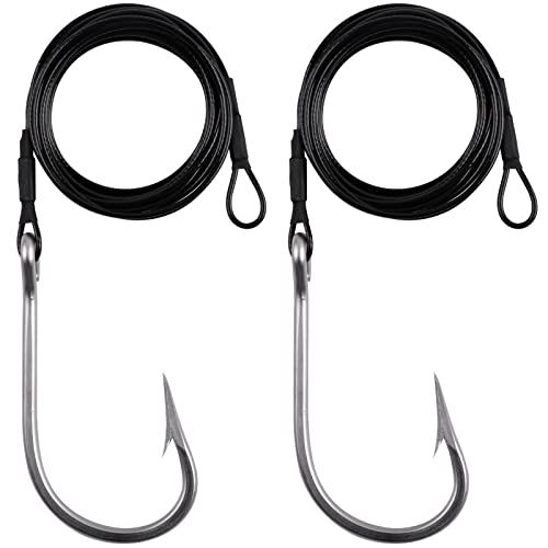 Fishing Shark Rigs Surf Fishing Stainless Steel Cable Leader Wire with Tuna Shark Hooks Saltwater Fishing Deep Sea Hooks Big Fish Shark Leader Rig - size: 10/0-2PCS