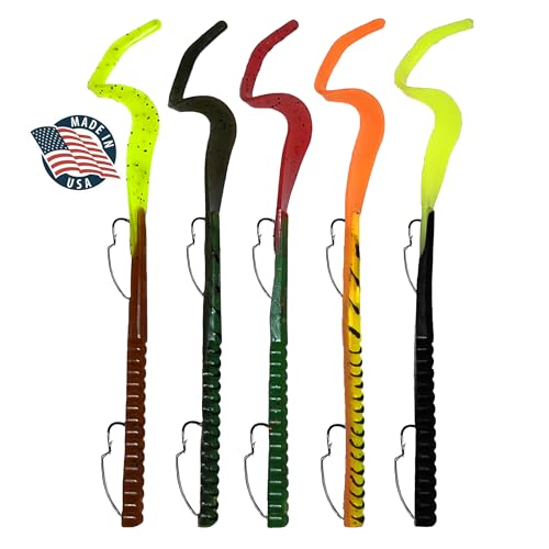 Delong Lures Fishing Lures Bass Set, 10" Pre-Rigged Weedless Swim Bait, Twister Tail Bass Fishing Lures, Extra Durable Soft Plastic Baits for Freshwater - 5 pcs Bass Baits and Lures Pack, Made in USA - color: TwisterTail Variety