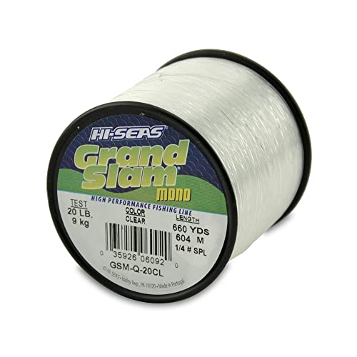 HI-SEAS Grand Slam Monofilament Fishing Line - Strong & Abrasion Resistant in Clear, Pink, Green, Smoke Blue, Fluorescent Yellow Freshwater & Saltwater – Quarter Pound Spool - color: Clear, style: 20 Lb Test, 0.45 Mm Dia, 660 Yd