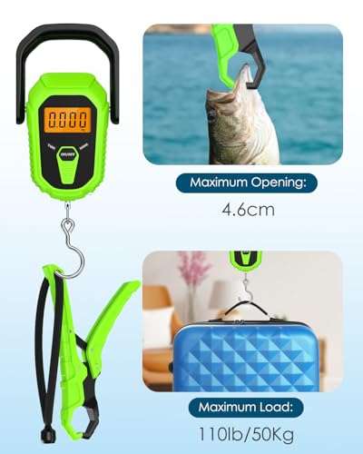 Fish Scale with Lip Gripper, Waterproof Digital Fish Scale, 110lb/50kg Hanging Fish Weight Scale, Portable Luggage Scale with Tape Measure, LCD Backlit, Batteries, for Home Fishing, Green - color: Green