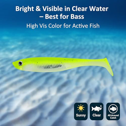 Paddle Tail Swimbait Fishing Lures for Bass Fishing | 5/6/15 Pcs Soft Plastic Lures With Paddle Tail, Pre-Rigged Jig Hook Options for Walleye, Pike & Trout Fishing - color: yellow-green