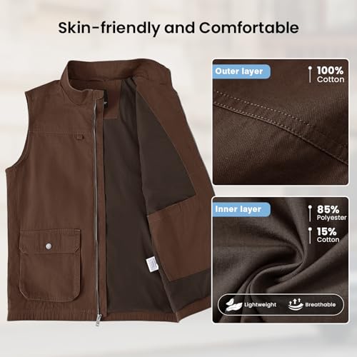TBMPOY Men's Lightweight Vest Cotton Stylish Sleeveless Travel Casual Work Canvas Outerwear Utility Jacket Fishing Hiking - color: Coffee, size: XX-Large