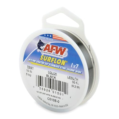 American Fishing Wire Surflon Nylon Coated 1x7 Stainless Steel Wire Leader - Wire Fishing Leader Line for Saltwater 10lb Up To 250lb Test in Bright, Black, Camo in 30ft, 100ft, 300ft, & 1000ft Lengths - color: Black, style: 30 Feet, 10 Pound Test