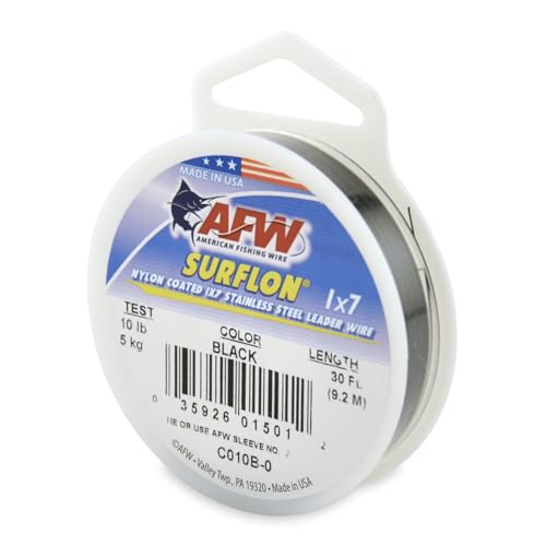 American Fishing Wire Surflon Nylon Coated 1x7 Stainless Steel Wire Leader - Wire Fishing Leader Line for Saltwater 10lb Up To 250lb Test in Bright, Black, Camo in 30ft, 100ft, 300ft, & 1000ft Lengths - color: Black, style: 30 Feet, 10 Pound Test