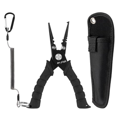 Dr.Fish Fishing Split Ring Pliers Fish Lip Gripper Hook Remover Black | Freshwater & Saltwater Fishing Tools: 420 Stainless Steel Lip Gripper Hook Remover with PVC Handle, Lanyards and Sheath - color: Black-6"