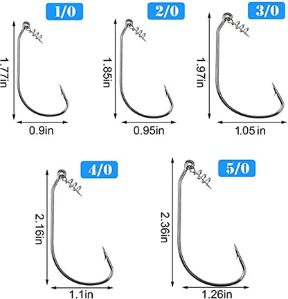 Twistlock Fishing Hooks,50pcs Bass Fishing Worm Hooks with Centering Pin Spring Unweighted Swimbait Hooks for Soft Plastics Lure Baits Saltwater Freshwater Size 1/0 2/0 3/0 4/0 5/0 - size: Size 3/0-50pcs