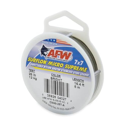 American Fishing Wire Surflon Micro Supreme Nylon Coated 7x7 Stainless Steel Leader Wire - Knottable Wire Leaders for Fishing Saltwater, Fly Fishing, 13lb Test - 90lb Test, Bright, Black & Camo Colors - color: Bright, style: 5 Meter, 26 Pound Test