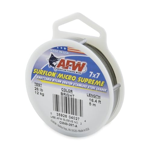 American Fishing Wire Surflon Micro Supreme Nylon Coated 7x7 Stainless Steel Leader Wire - Knottable Wire Leaders for Fishing Saltwater, Fly Fishing, 13lb Test - 90lb Test, Bright, Black & Camo Colors - color: Bright, style: 5 Meter, 26 Pound Test