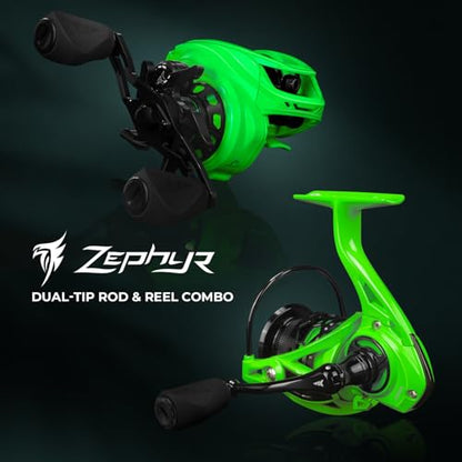 KastKing Zephyr Dual-Tip Fishing Rod and Reel Combo,Spinning & Baitcaster Combo,Dual Tips Section for Different Powers,IM6 Graphite 2-Piece Rod with Extra Tip,Sensitive & Powerful,Freshwater Fishing - style: Spin: 6'0''- L& Ml- Dual-tip Rod -2000 Reel(gre
