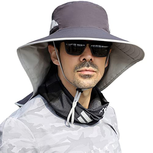 HUAMULAN Women Large Brim Sun Hat with Neck Flap, Men Quick Dry Hiking Fishing Safari Hat UPF 50+ - color: Hyp011-darkgray