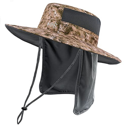 BASSDASH UPF 50+ Sun Fishing Hat Water Resistant with Detachable Neck Flap - color: Barren Camo