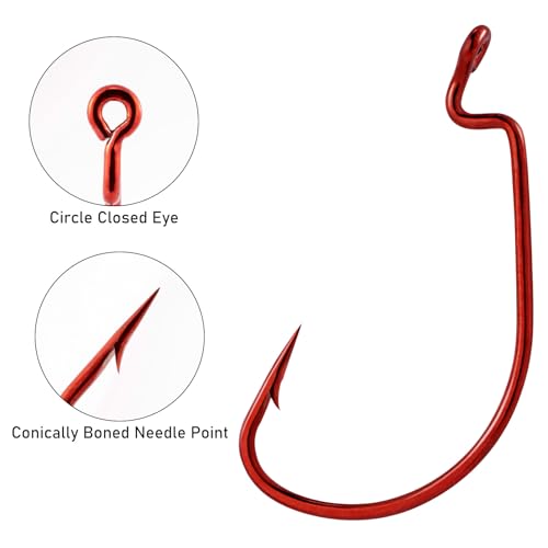 Dr.Fish EWG Hooks Bass Fishing Worm Hooks Extra Wide Gap Freshwater Fishing Carolina/Texas Rig - color: Red, size: #1-50 Pack