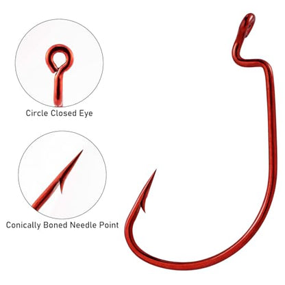 Dr.Fish EWG Hooks Bass Fishing Worm Hooks Extra Wide Gap Freshwater Fishing Carolina/Texas Rig - color: Red, size: #1-50 Pack