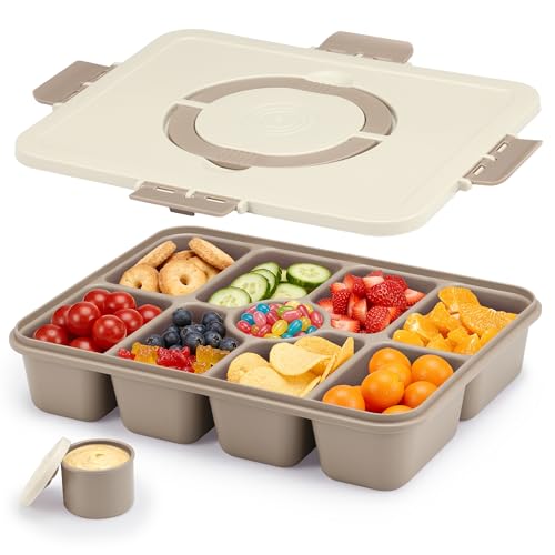 Snackle Box Container, Divided Serving Tray with Lid and Handle, 9 Compartments Snack Box Container for Adults, Portable Charcuterie Serving Platter for Candy Fruit, 9.9 Cups, Brown - color: Brown