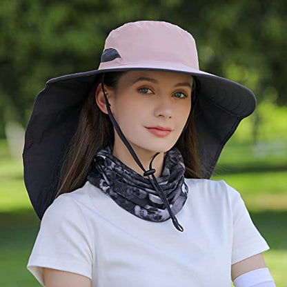 HUAMULAN Women Large Brim Sun Hat with Neck Flap, Men Quick Dry Hiking Fishing Safari Hat UPF 50+ - color: Hyp011-pink